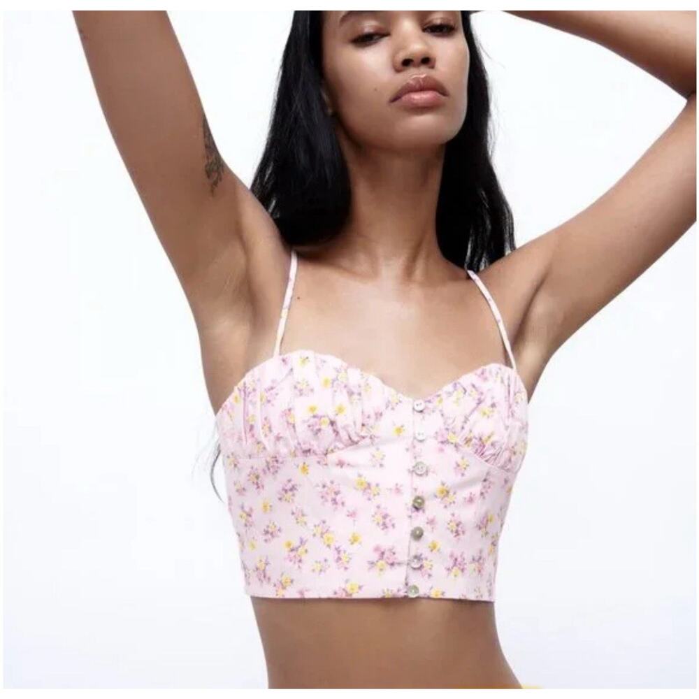 ZARA Pink Floral Linen Blend Crop Tank Top Small